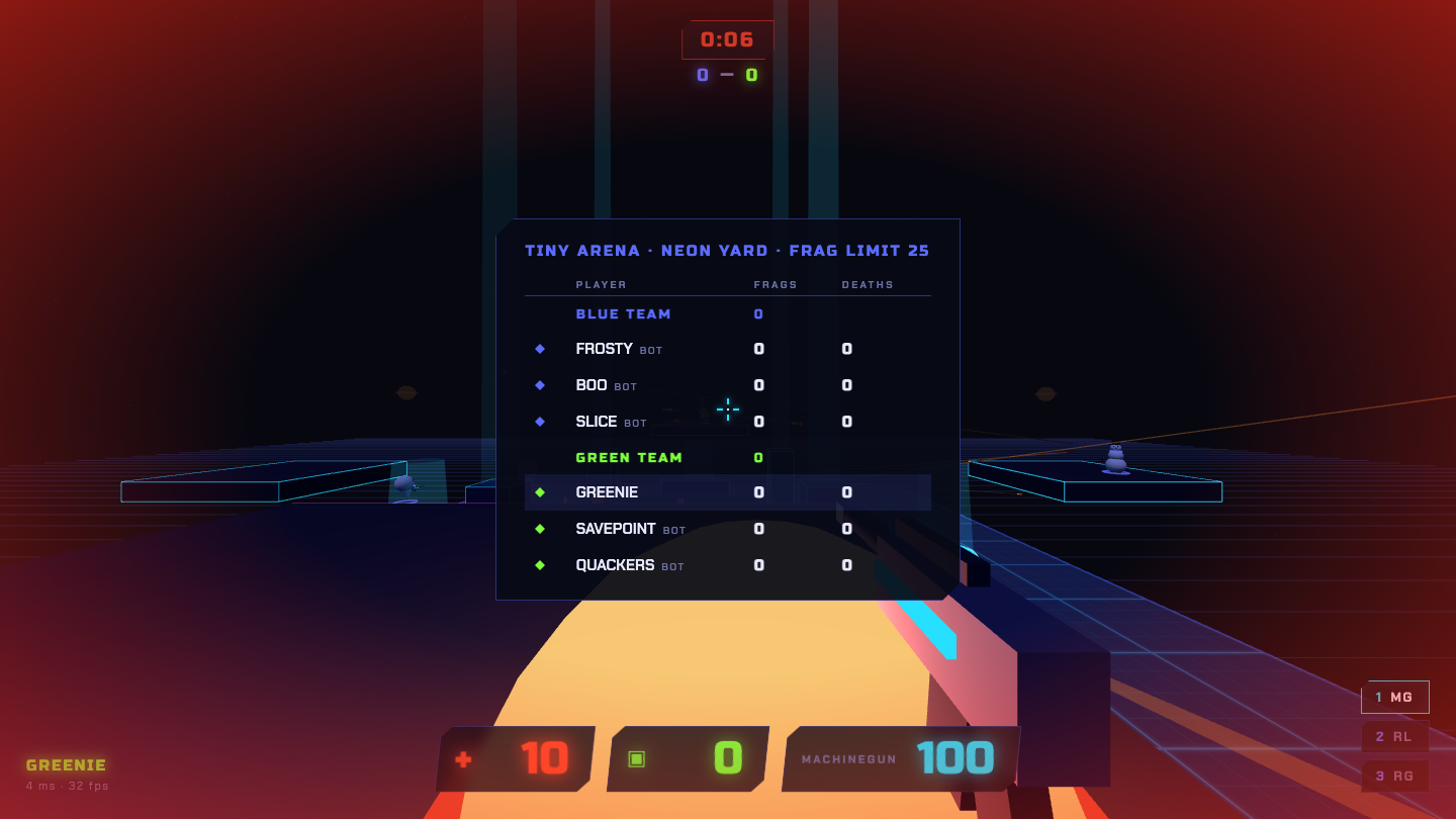 Team scoreboard: blue and green teams with bot players FROSTY, BOO and QUACKERS