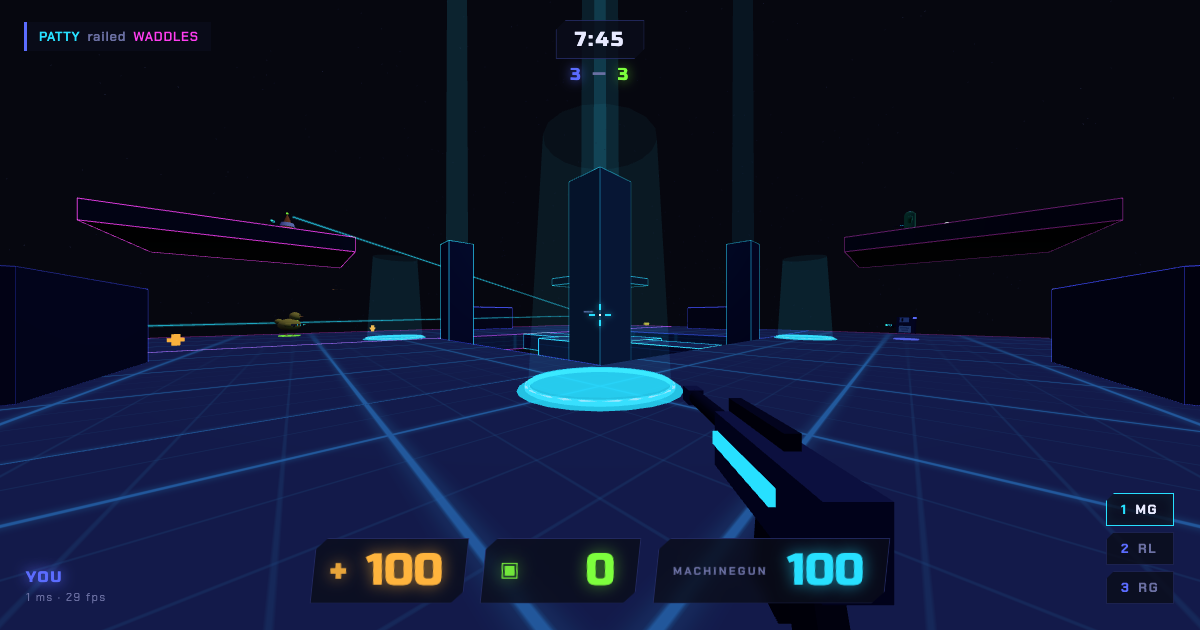 Tiny Arena gameplay: rail beams crossing the CIRCUIT map at 3-3